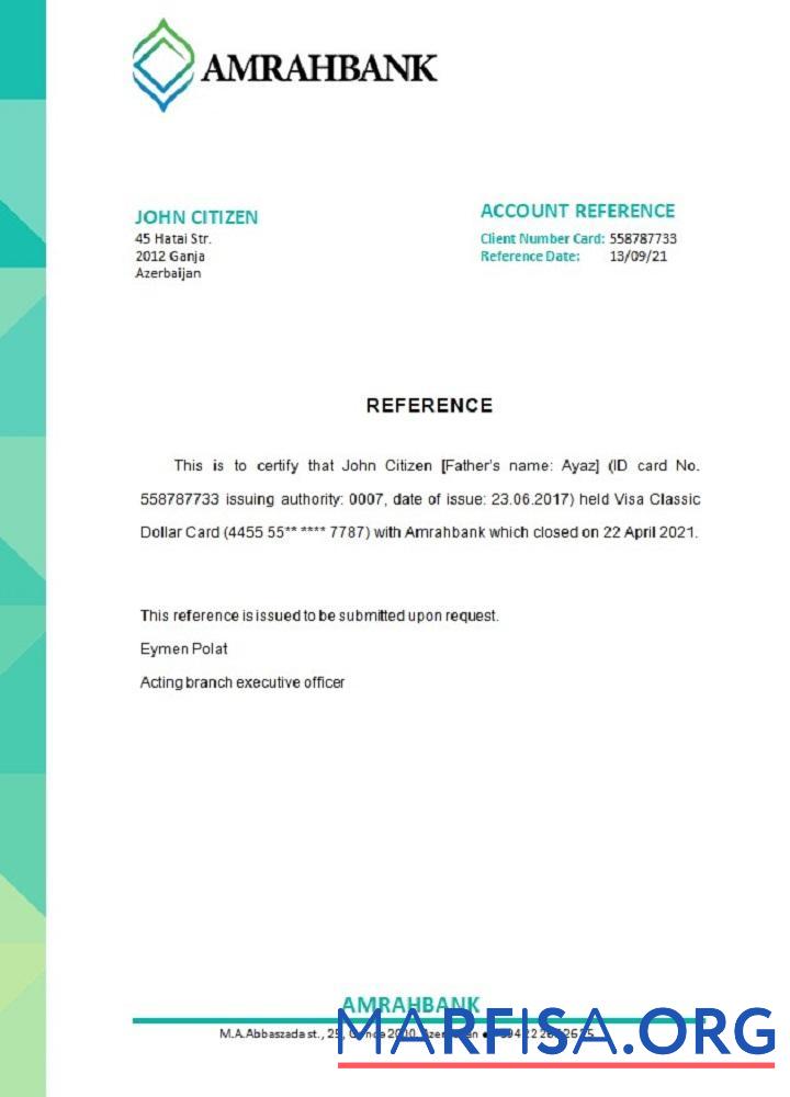 Realistic Azerbaijan Amrahbank closure reference sample